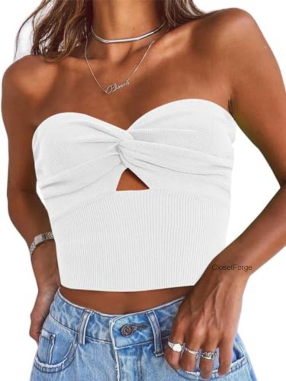 Women's Strapless Crop Tube Top Ribbed Knit Y2K Twist Front Bandeau Tank